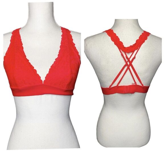 VS PINK Victoria Secret Red Size Small Lace Longline Bralette Strappy - Picture 1 of 8